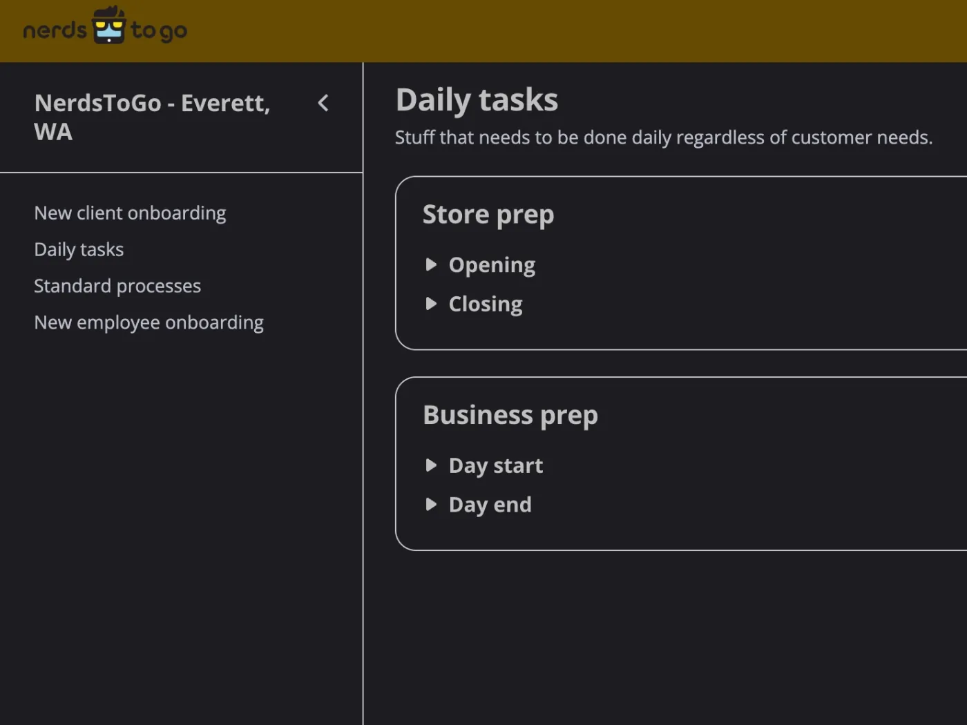 The NerdsToGo Everett ops manual, open to Daily tasks: store prep for opening and closing, business prep for day start and day end